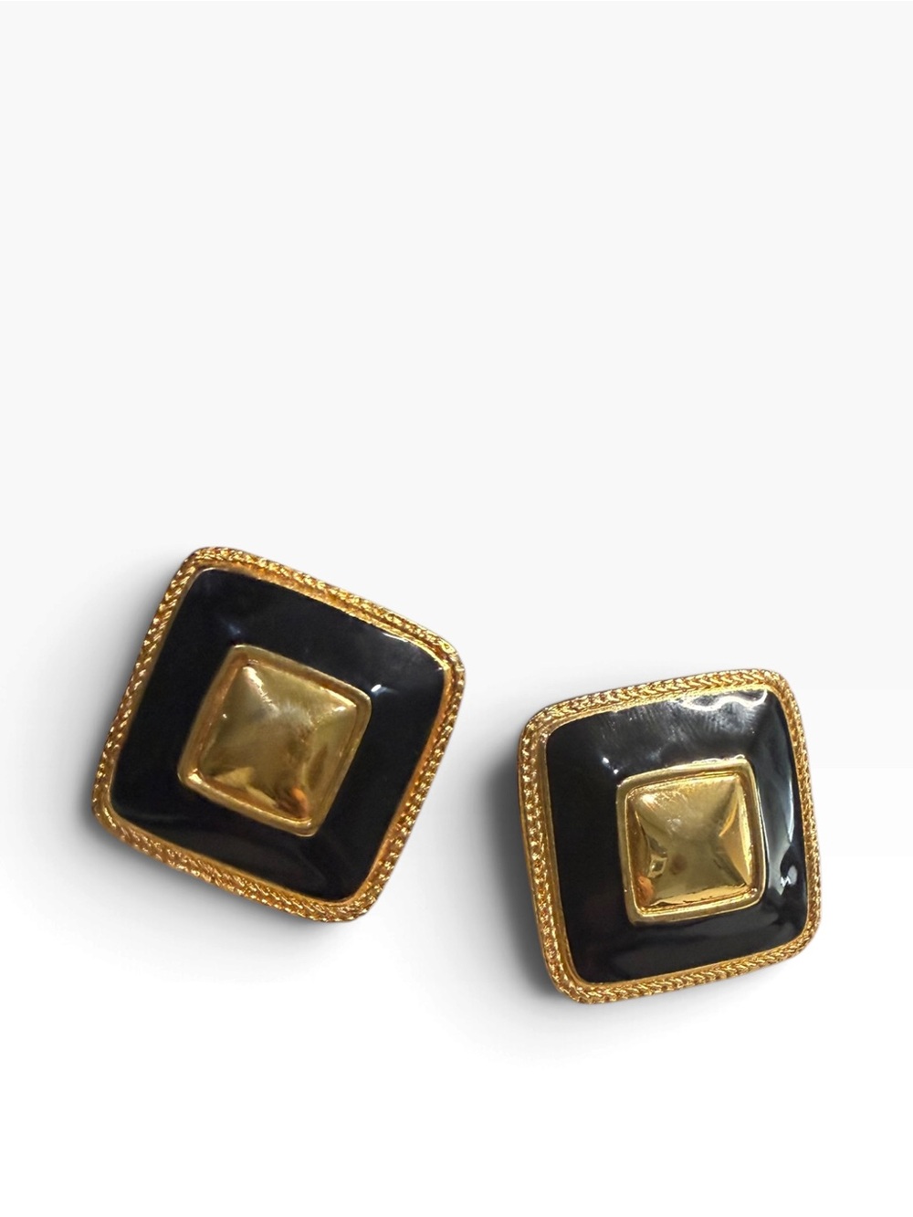 Vintage 80s Premier USA Black Enamel Gold Square Clip On Earrings